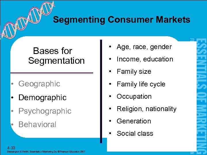 Segmenting Consumer Markets Bases for Segmentation • Age, race, gender • Income, education •