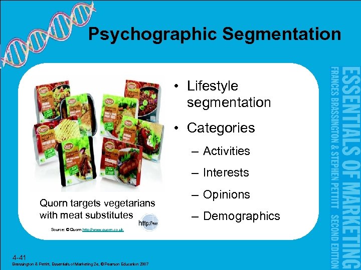 Psychographic Segmentation • Lifestyle segmentation • Categories – Activities – Interests Quorn targets vegetarians
