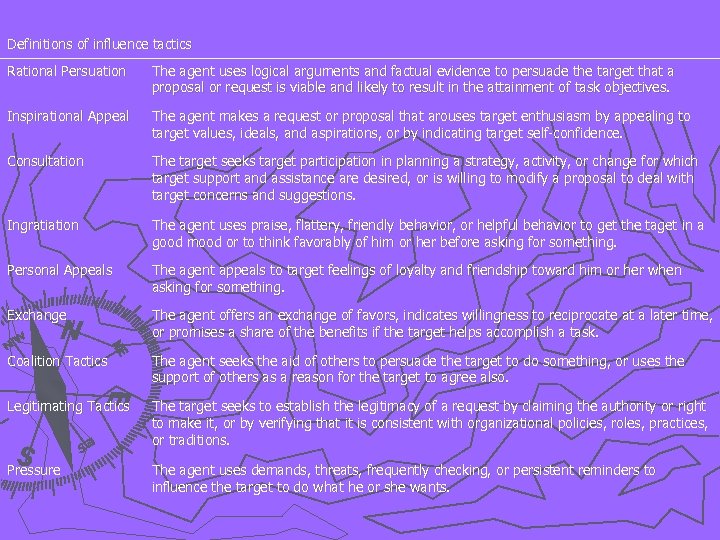 Definitions of influence tactics Rational Persuation The agent uses logical arguments and factual evidence