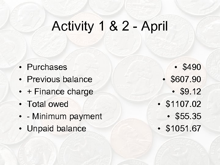 Activity 1 & 2 - April • • • Purchases Previous balance + Finance