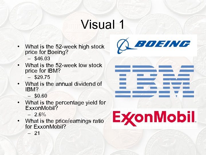 Visual 1 • What is the 52 -week high stock price for Boeing? –