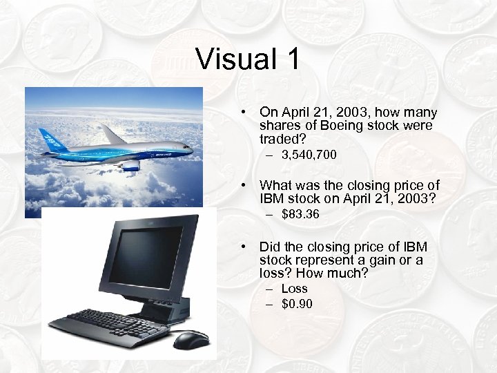 Visual 1 • On April 21, 2003, how many shares of Boeing stock were