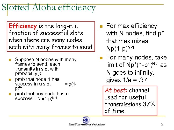 Slotted Aloha efficiency Efficiency is the long-run fraction of successful slots when there are