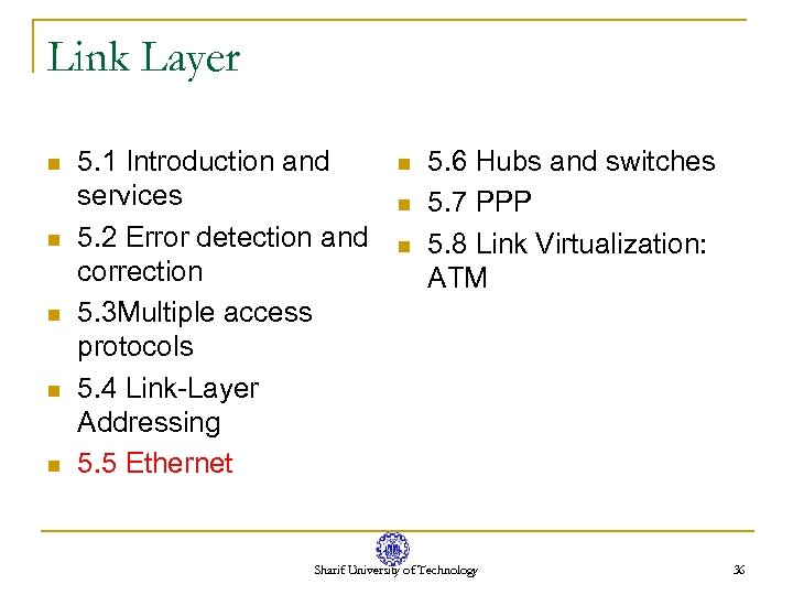 Link Layer n n n 5. 1 Introduction and services 5. 2 Error detection