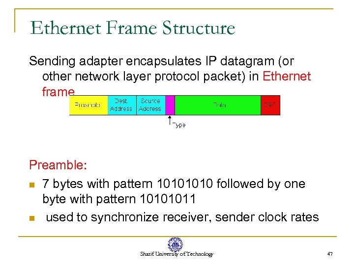 Ethernet Frame Structure Sending adapter encapsulates IP datagram (or other network layer protocol packet)