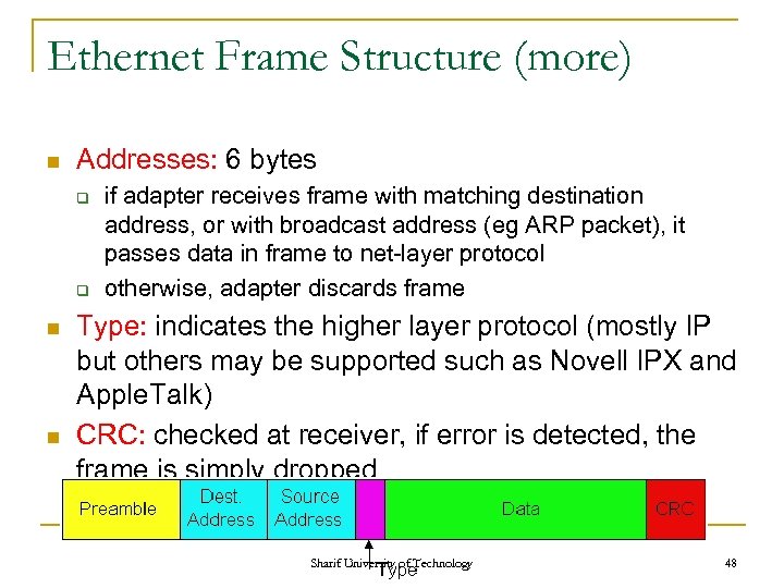 Ethernet Frame Structure (more) n Addresses: 6 bytes q q n n if adapter