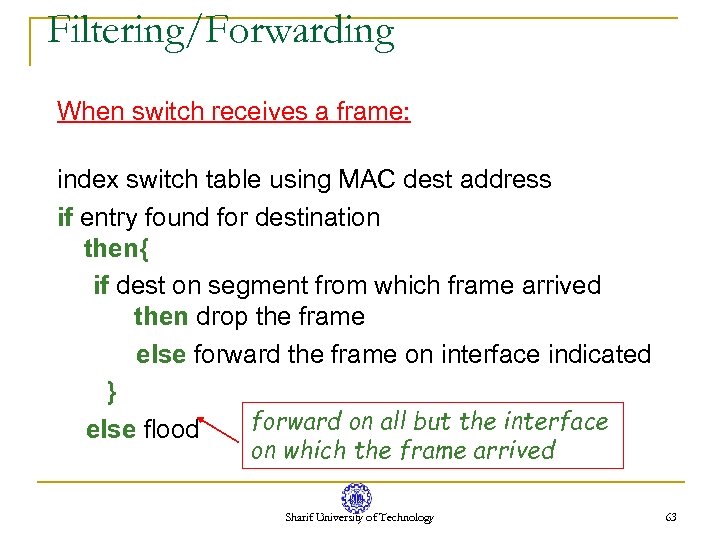 Filtering/Forwarding When switch receives a frame: index switch table using MAC dest address if