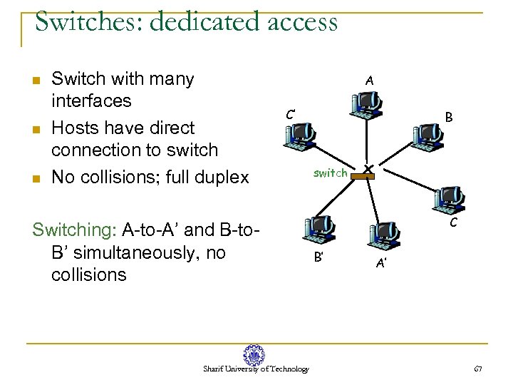 Switches: dedicated access n n n Switch with many interfaces Hosts have direct connection