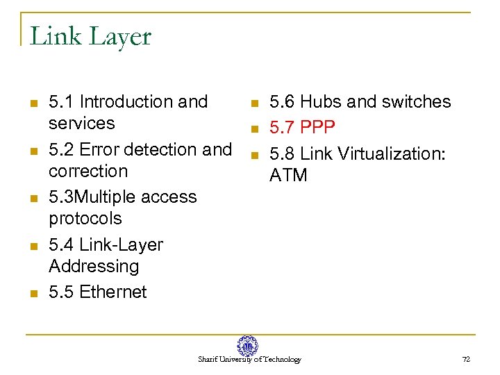 Link Layer n n n 5. 1 Introduction and services 5. 2 Error detection