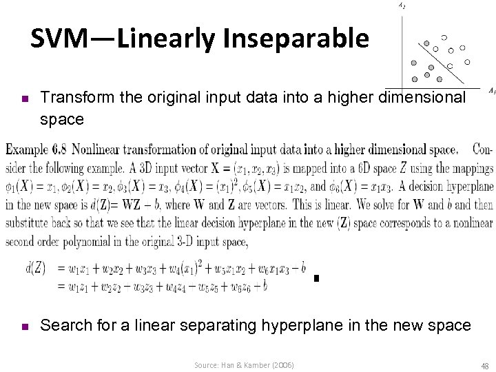 SVM—Linearly Inseparable n n Transform the original input data into a higher dimensional space