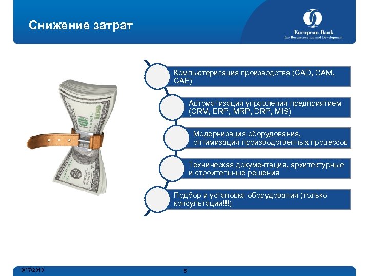 Снижение затрат Компьютеризация производства (CAD, CAM, CAE) Автоматизация управления предприятием (CRM, ERP, MRP, DRP,