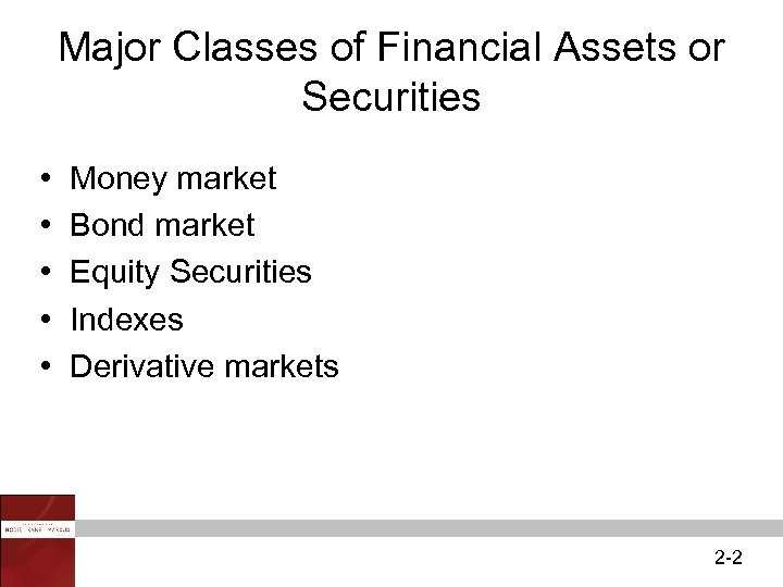 Major Classes of Financial Assets or Securities • • • Money market Bond market