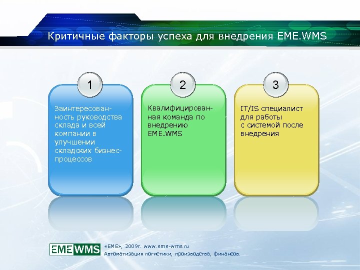 Критичные факторы успеха для внедрения EME. WMS 1 2 Заинтересованность руководства склада и всей