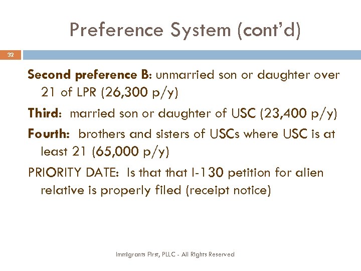 Preference System (cont’d) 32 Second preference B: unmarried son or daughter over 21 of