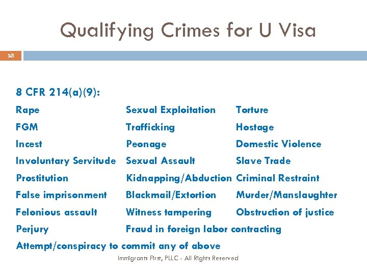 Qualifying Crimes for U Visa 58 8 CFR 214(a)(9): Rape Sexual Exploitation Torture FGM