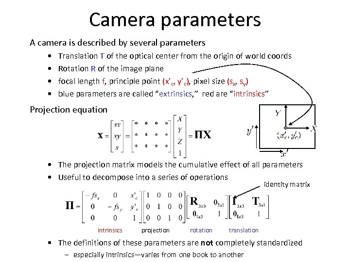 Camera parameters A camera is described by several parameters • • Translation T of