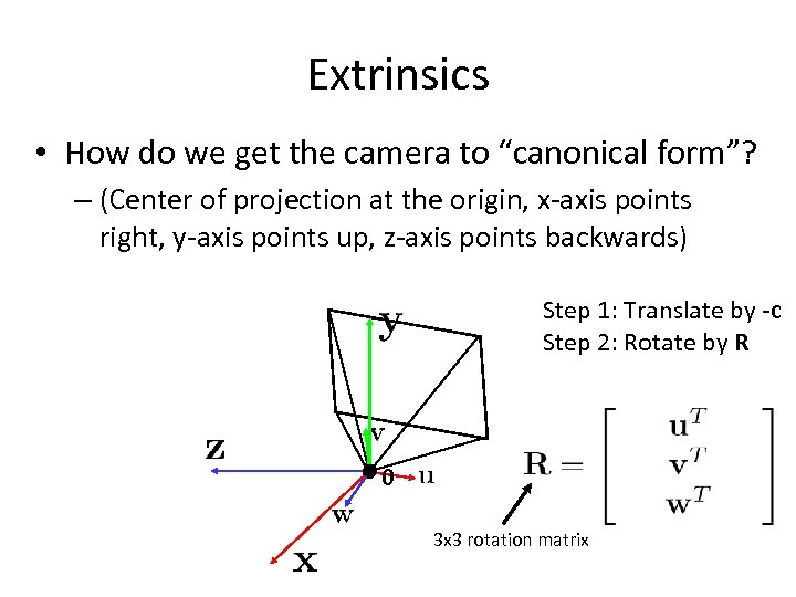 Extrinsics • How do we get the camera to “canonical form”? – (Center of