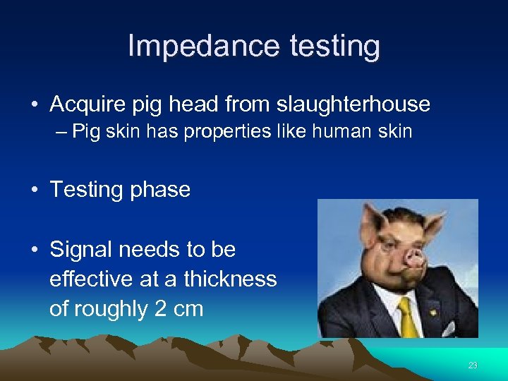 Impedance testing • Acquire pig head from slaughterhouse – Pig skin has properties like