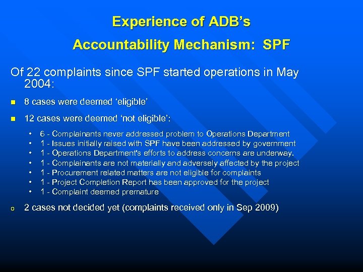 Experience of ADB’s Accountability Mechanism: SPF Of 22 complaints since SPF started operations in