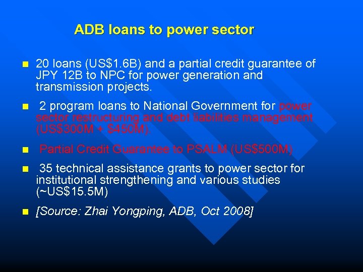 ADB loans to power sector n 20 loans (US$1. 6 B) and a partial