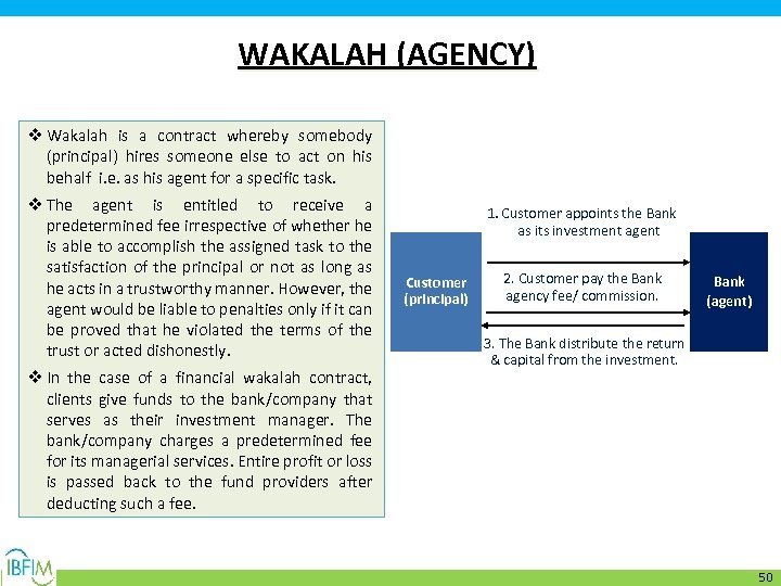 WAKALAH (AGENCY) v Wakalah is a contract whereby somebody (principal) hires someone else to