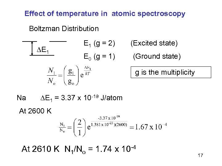 Effect of temperature in atomic spectroscopy Boltzman Distribution E 1 (g = 2) E