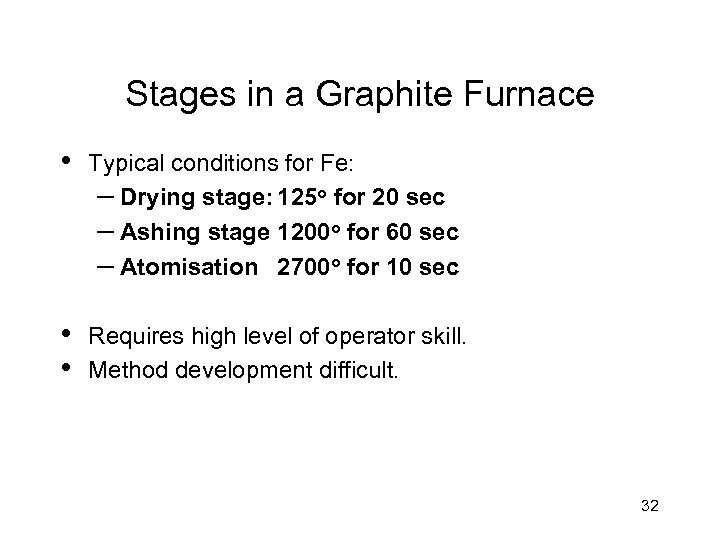 Stages in a Graphite Furnace • Typical conditions for Fe: – Drying stage: 125