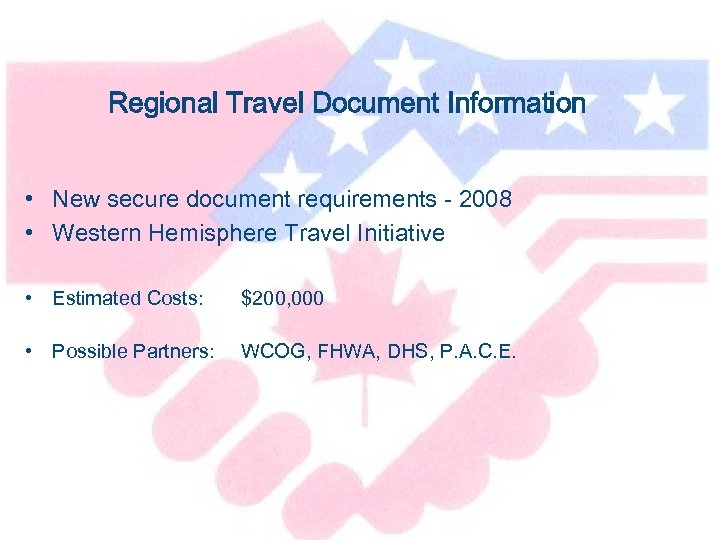 Regional Travel Document Information • New secure document requirements - 2008 • Western Hemisphere