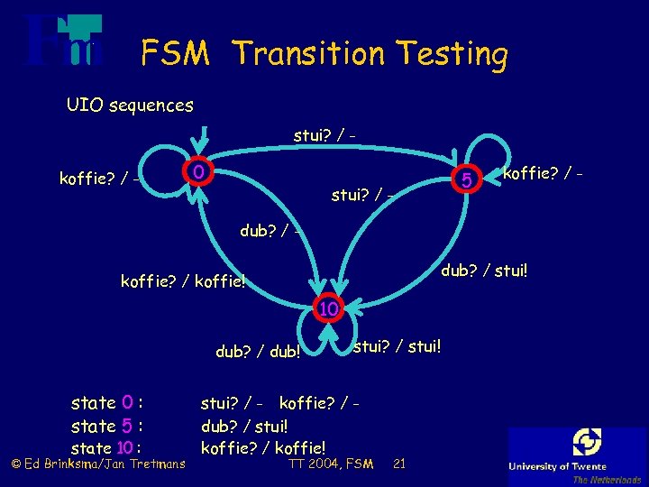 FSM Transition Testing UIO sequences stui? / koffie? / - 0 stui? / -