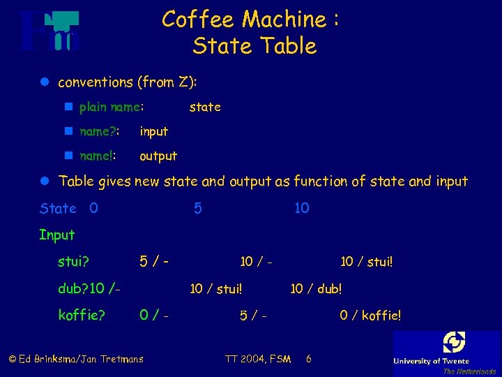 Coffee Machine : State Table l conventions (from Z): n plain name: n name?