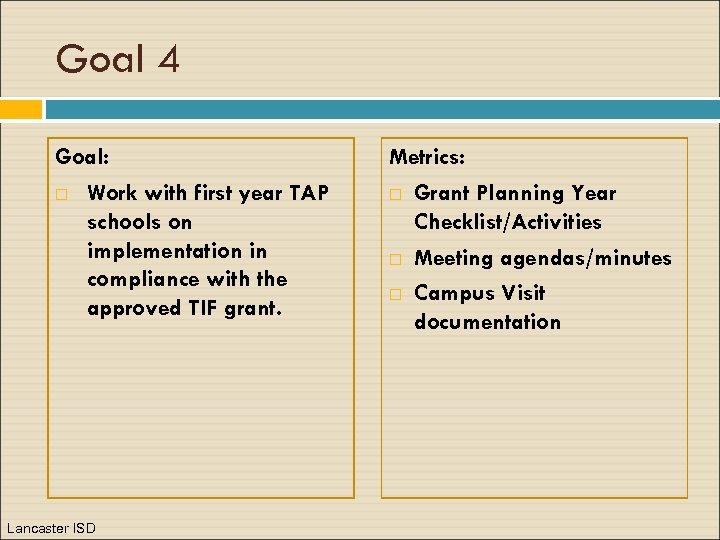 Goal 4 Goal: Work with first year TAP schools on implementation in compliance with