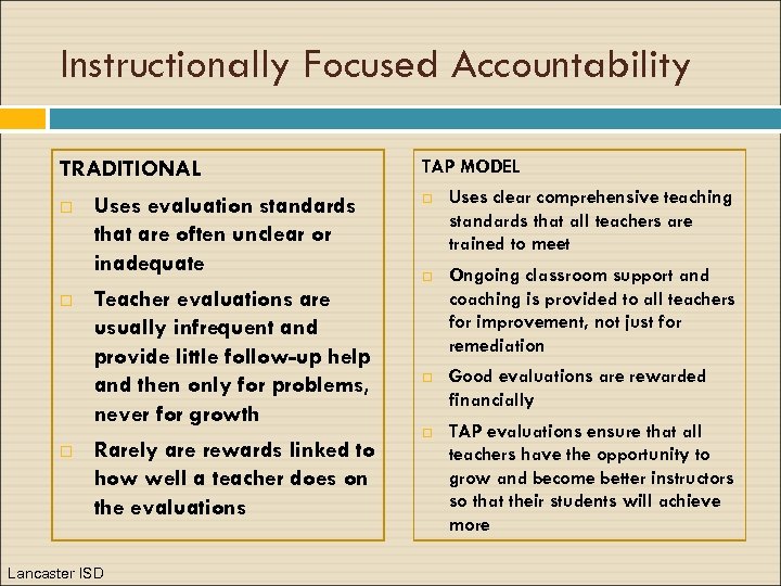 Instructionally Focused Accountability TRADITIONAL Uses evaluation standards that are often unclear or inadequate Teacher