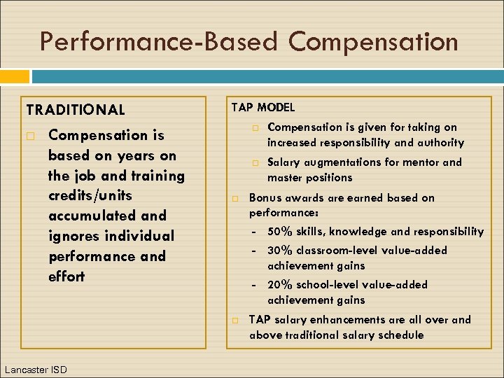 Performance-Based Compensation TRADITIONAL Compensation is based on years on the job and training credits/units