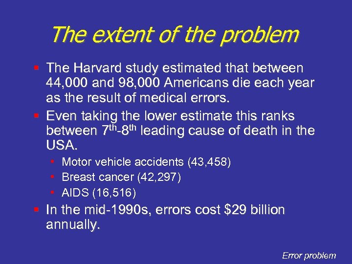 The extent of the problem § The Harvard study estimated that between 44, 000