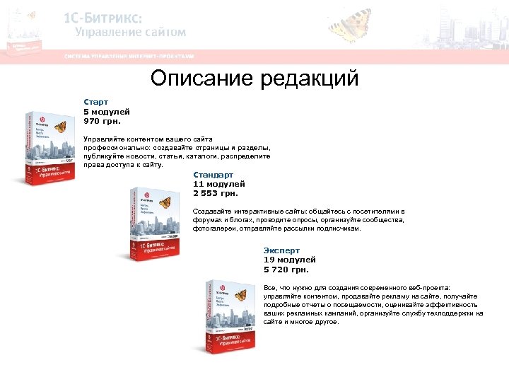 Описание редакций Старт 5 модулей 970 грн. Управляйте контентом вашего сайта профессионально: создавайте страницы