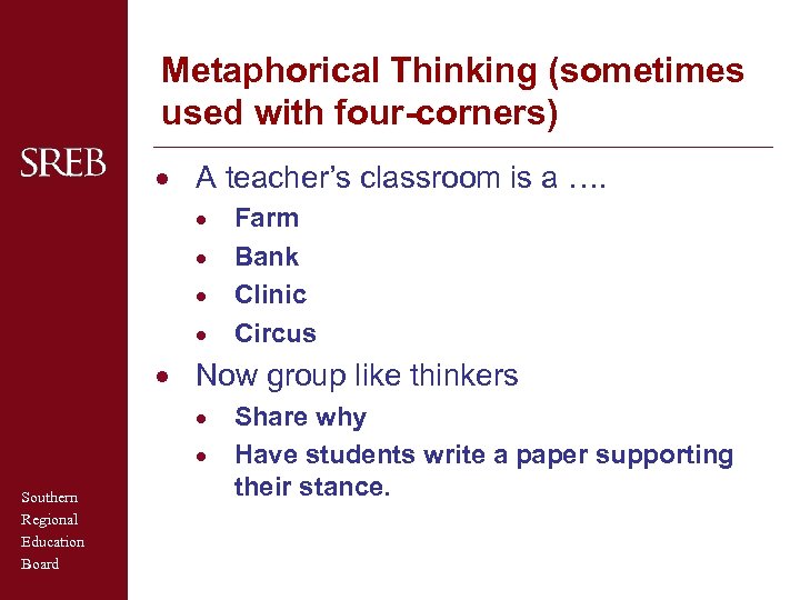 Metaphorical Thinking (sometimes used with four-corners) · A teacher’s classroom is a …. ·