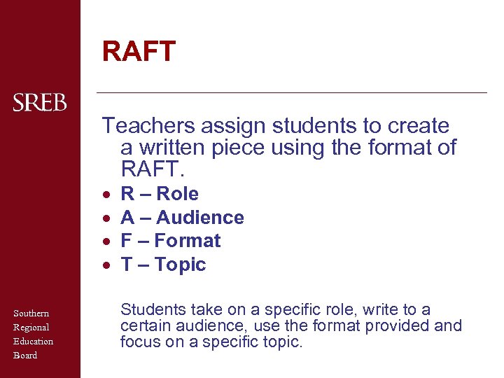 RAFT Teachers assign students to create a written piece using the format of RAFT.