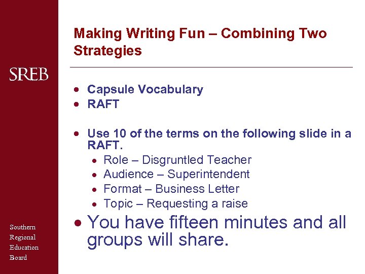 Making Writing Fun – Combining Two Strategies · Capsule Vocabulary · RAFT · Use