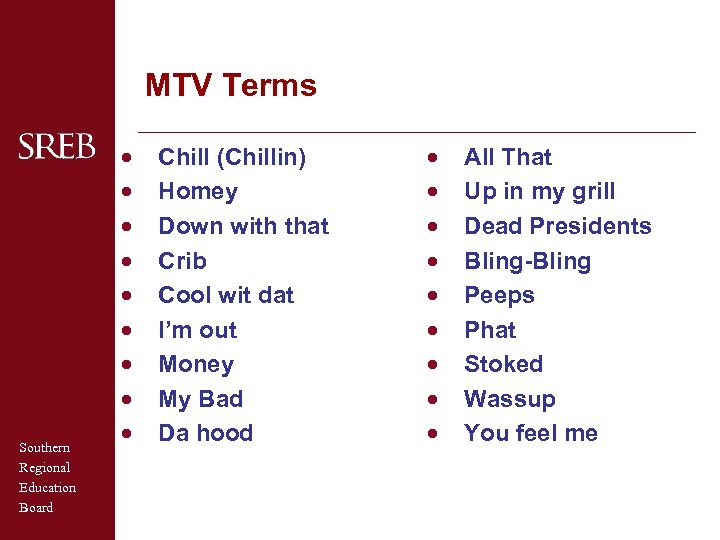 MTV Terms Southern Regional Education Board · · · · · Chill (Chillin) Homey