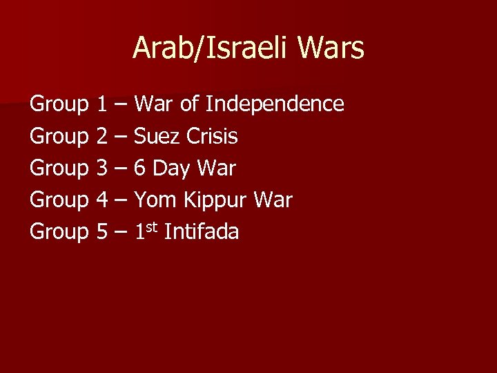 Arab/Israeli Wars Group 1 – War of Independence Group 2 – Suez Crisis Group