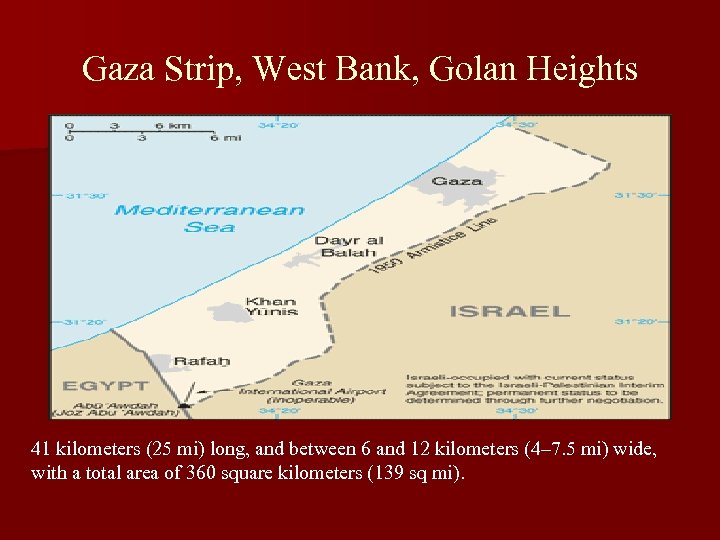 Gaza Strip, West Bank, Golan Heights 41 kilometers (25 mi) long, and between 6