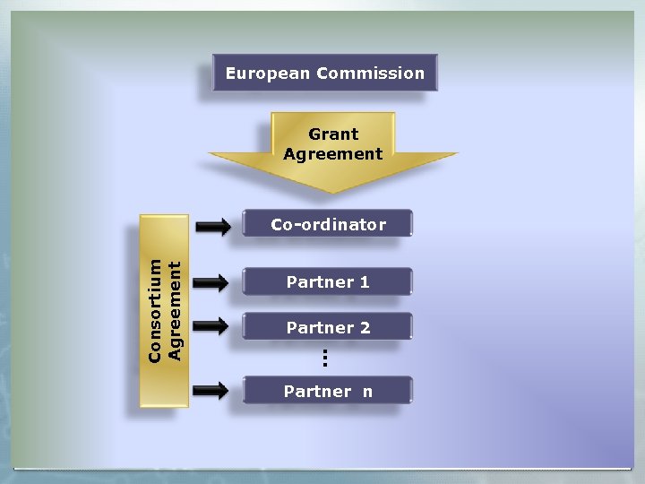 European Commission Grant Agreement Partner 1 Partner 2 . . . Consortium Agreement Co-ordinator