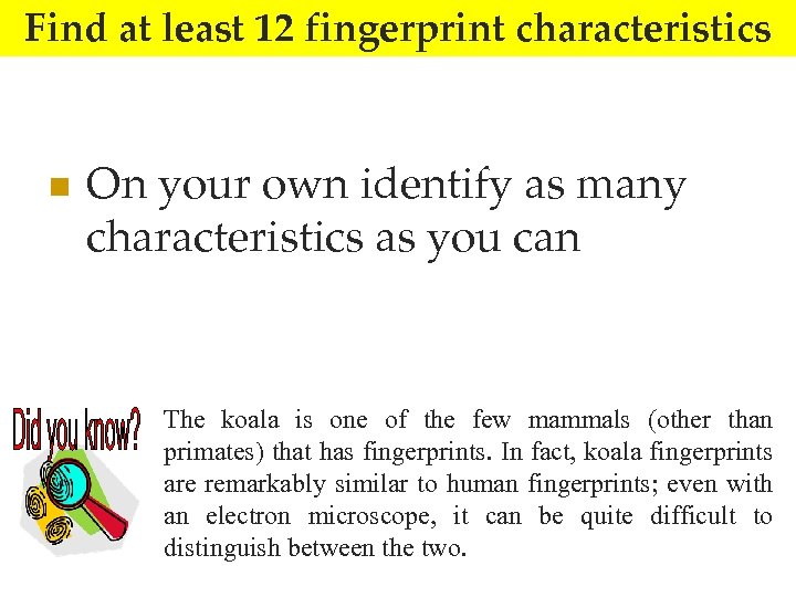 Find at least 12 fingerprint characteristics n On your own identify as many characteristics