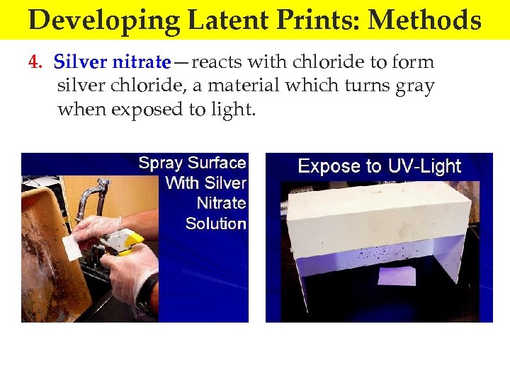 Developing Latent Prints: Methods 4. Silver nitrate—reacts with chloride to form silver chloride, a