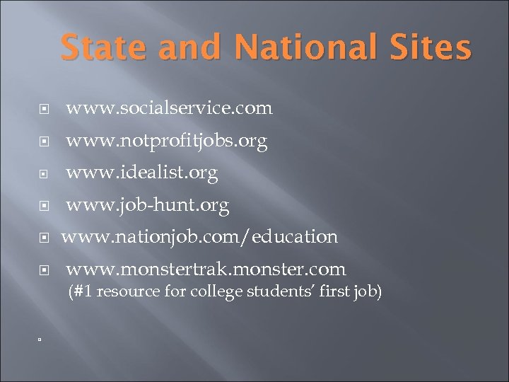 State and National Sites www. socialservice. com www. notprofitjobs. org www. idealist. org www.
