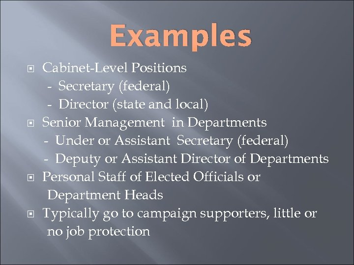 Examples Cabinet-Level Positions - Secretary (federal) - Director (state and local) Senior Management in