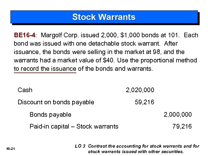 Stock Warrants BE 16 -4: Margolf Corp. issued 2, 000, $1, 000 bonds at