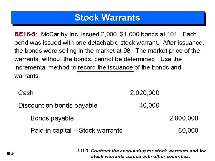 Stock Warrants BE 16 -5: Mc. Carthy Inc. issued 2, 000, $1, 000 bonds