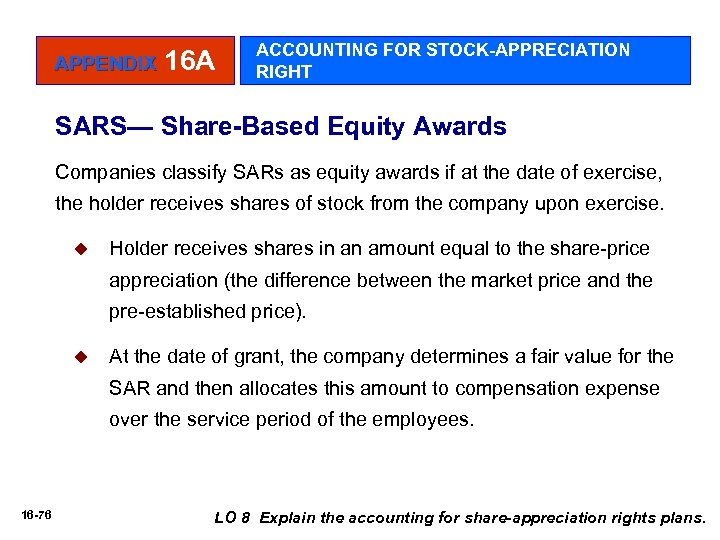 APPENDIX 16 A ACCOUNTING FOR STOCK-APPRECIATION RIGHT SARS— Share-Based Equity Awards Companies classify SARs