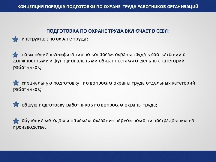 КОНЦЕПЦИЯ ПОРЯДКА ПОДГОТОВКИ ПО ОХРАНЕ ТРУДА РАБОТНИКОВ ОРГАНИЗАЦИЙ ПОДГОТОВКА ПО ОХРАНЕ ТРУДА ВКЛЮЧАЕТ В